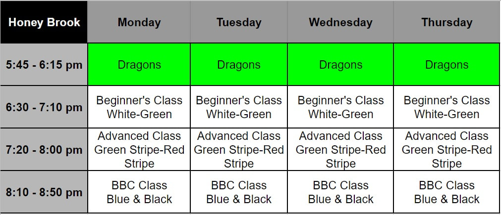 Honey Brook Martial Arts Schedule
